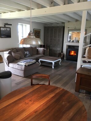 Smart TV, fireplace, DVD player, books
