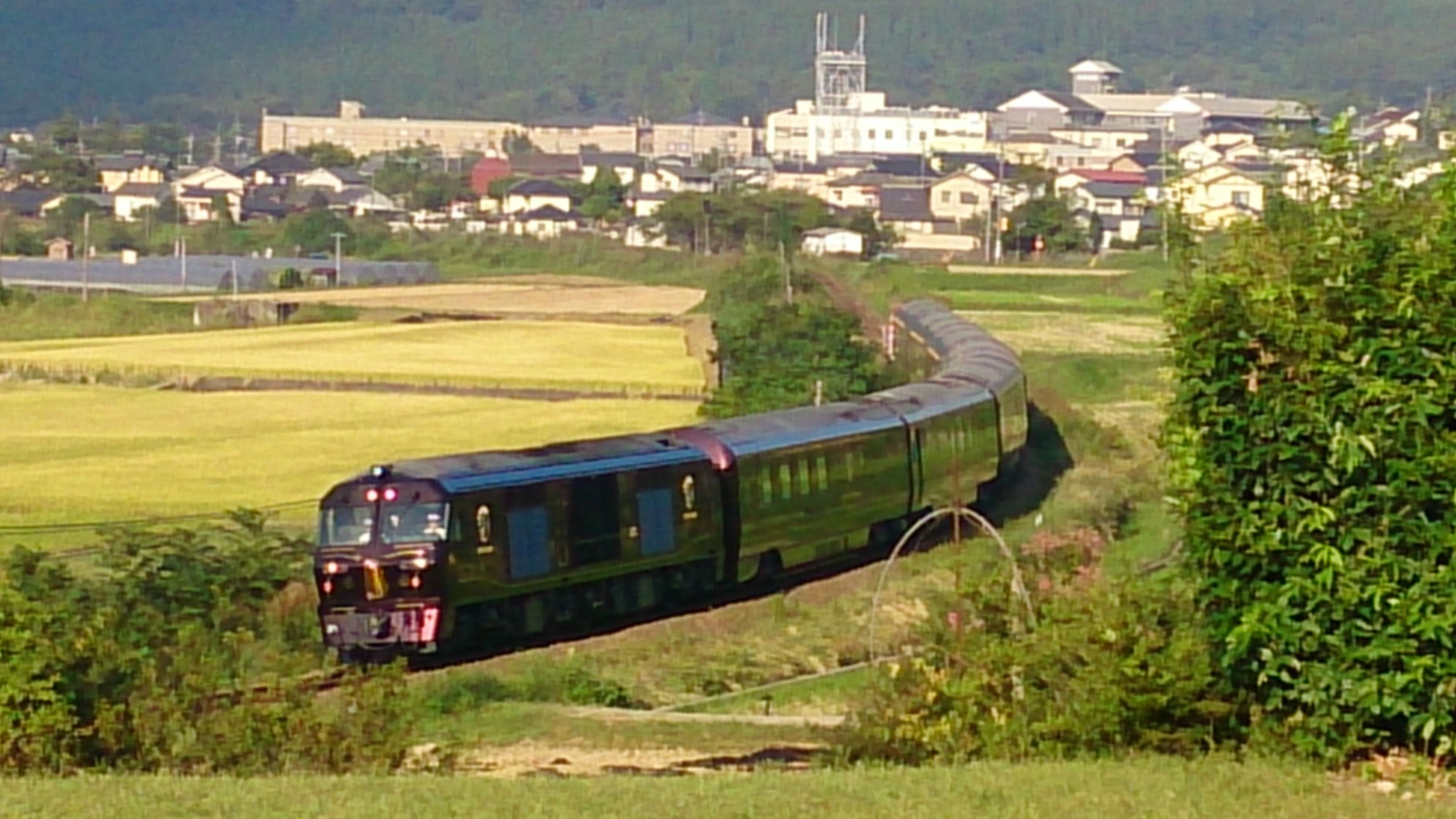 Un tren que avanza por una zona rural, con campos y casas al fondo.