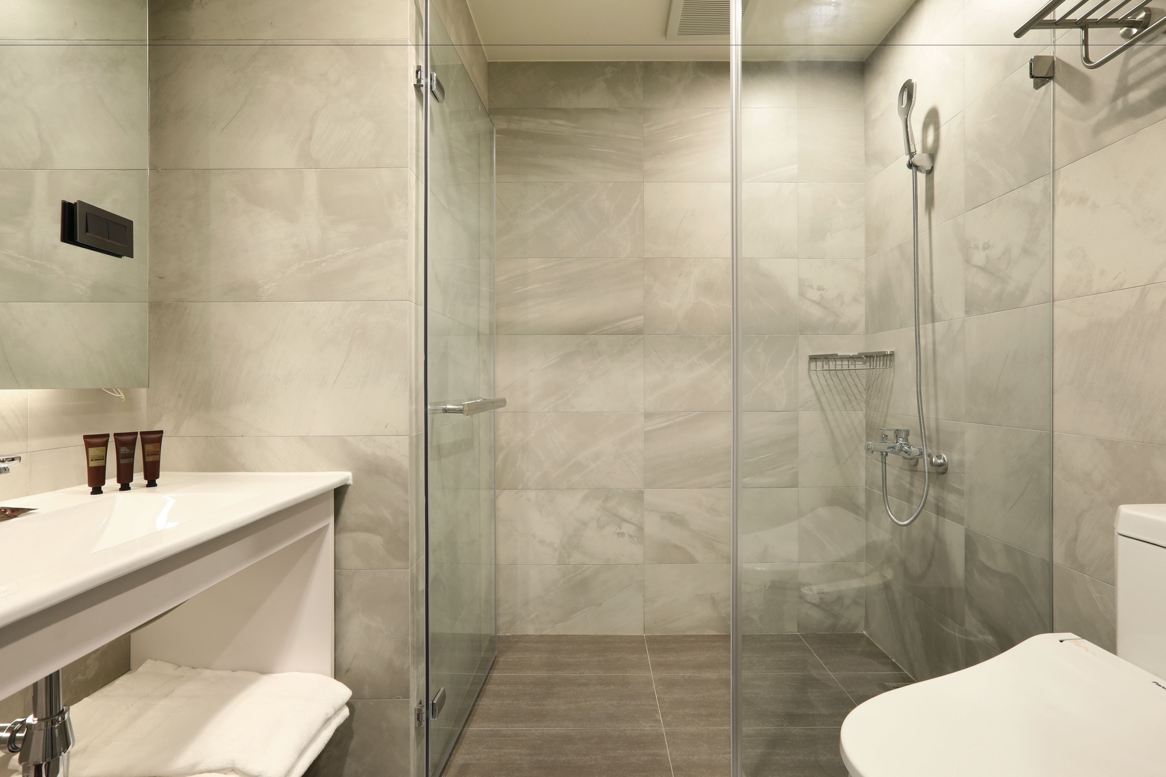 shower, hair dryer, bidet, towels