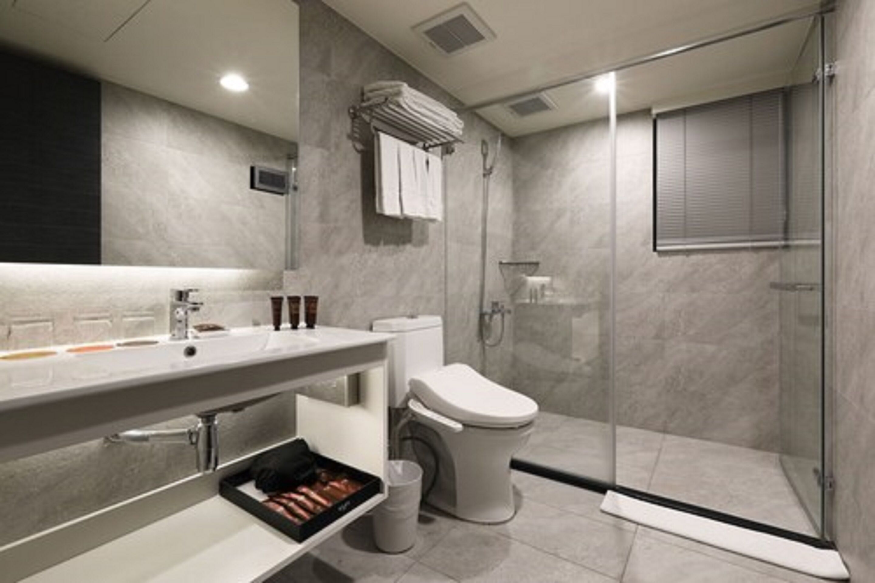 japanese room (no window) | bathroom | shower, hair dryer, bidet, towels