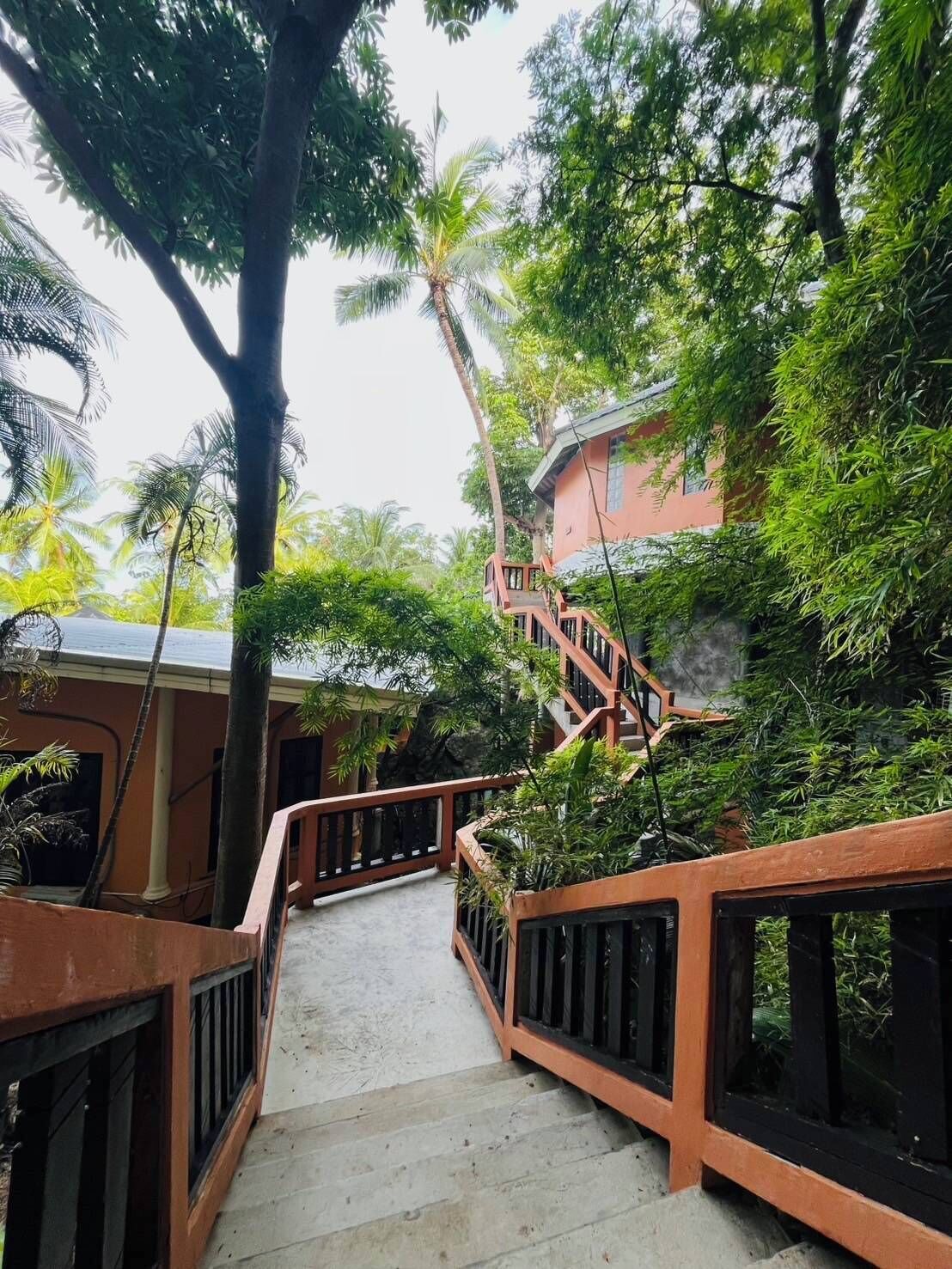 A staircase leading to a building surrounded by lush greenery.