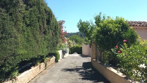 A narrow, paved driveway flanked by dense greenery and a building with a tiled roof. - Charming mazet for 4 pers. 33m2 swimming pool (Saint-Paul-De-Vence)