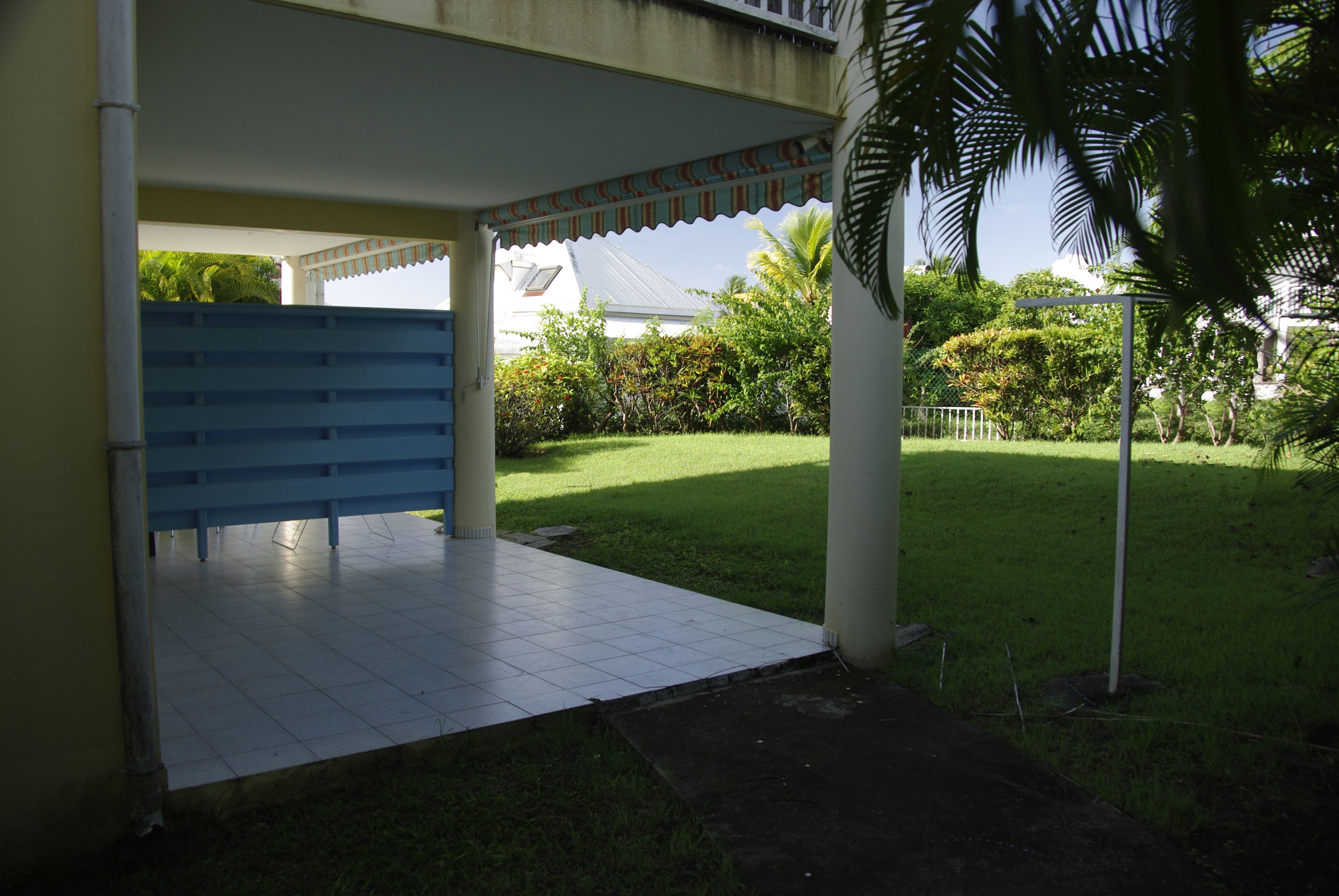 A covered outdoor area with a tiled floor, a blue gate, and a lawn with palm trees.