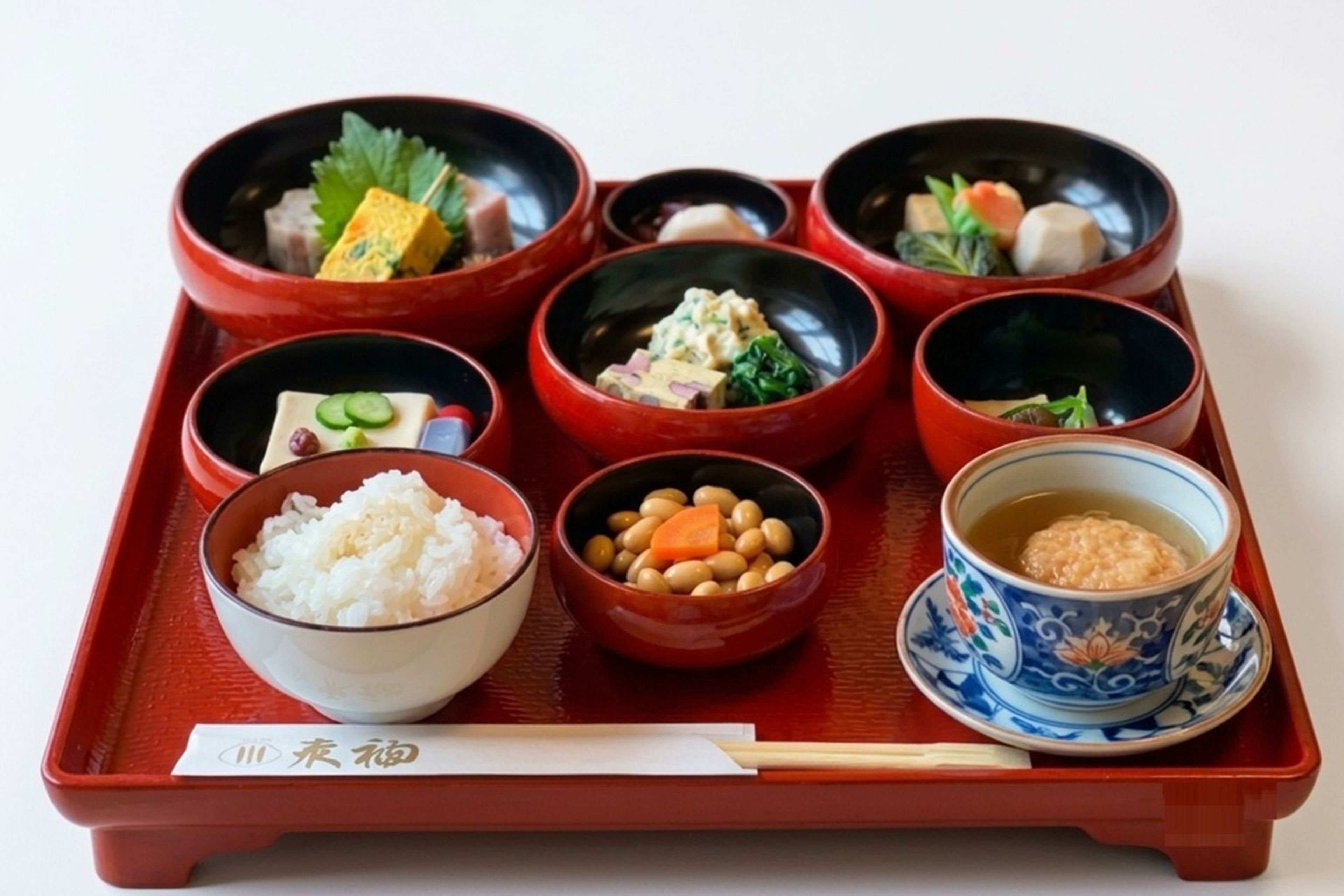 A traditional Japanese meal served on a red tray with various dishes including rice, beans, and soup.