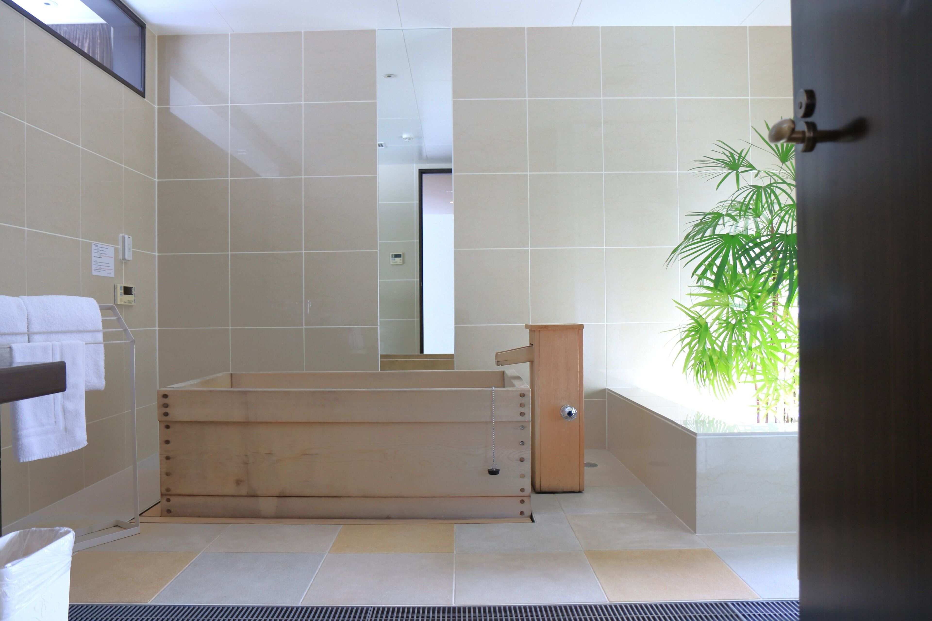 A bathroom with a bathtub, a toilet, a sink, and a mirror. There is a plant in the corner and a door with a handle.