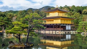 Ein traditionelles japanisches Gebäude mit goldenem Dach, umgeben von einem stillen Teich und üppigem Grün.