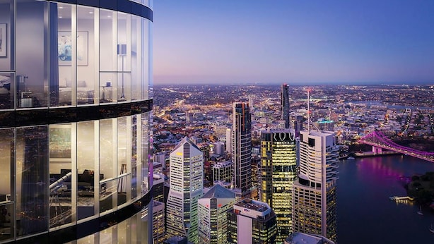 A high-rise building with a glass facade overlooking a cityscape at dusk. - CLLIX Brisbane Skytower Apartments (Brisbane)