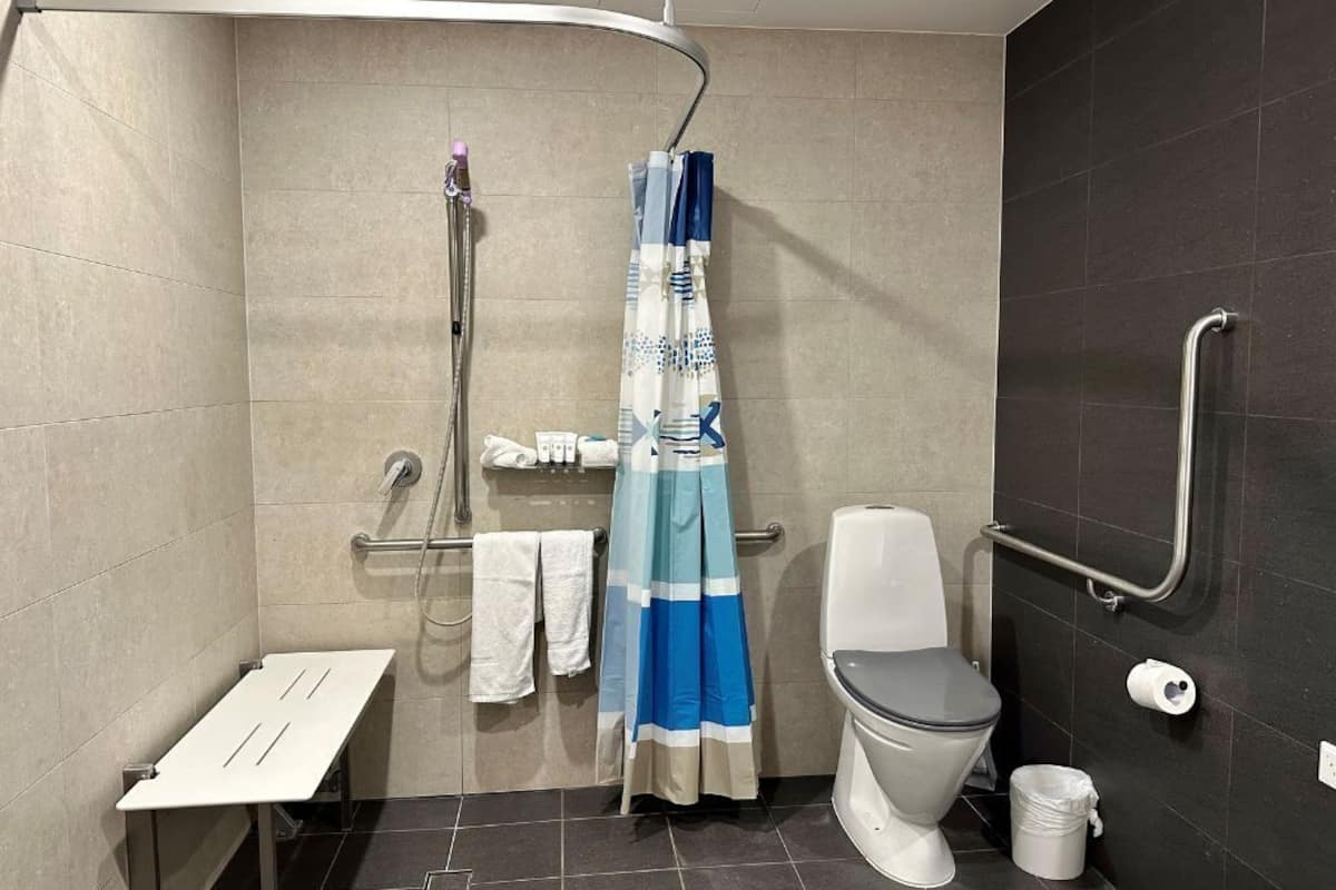 A modern bathroom with a shower, toilet, and grab bars.