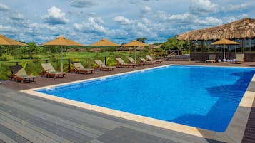 Outdoor pool, pool umbrellas, pool loungers