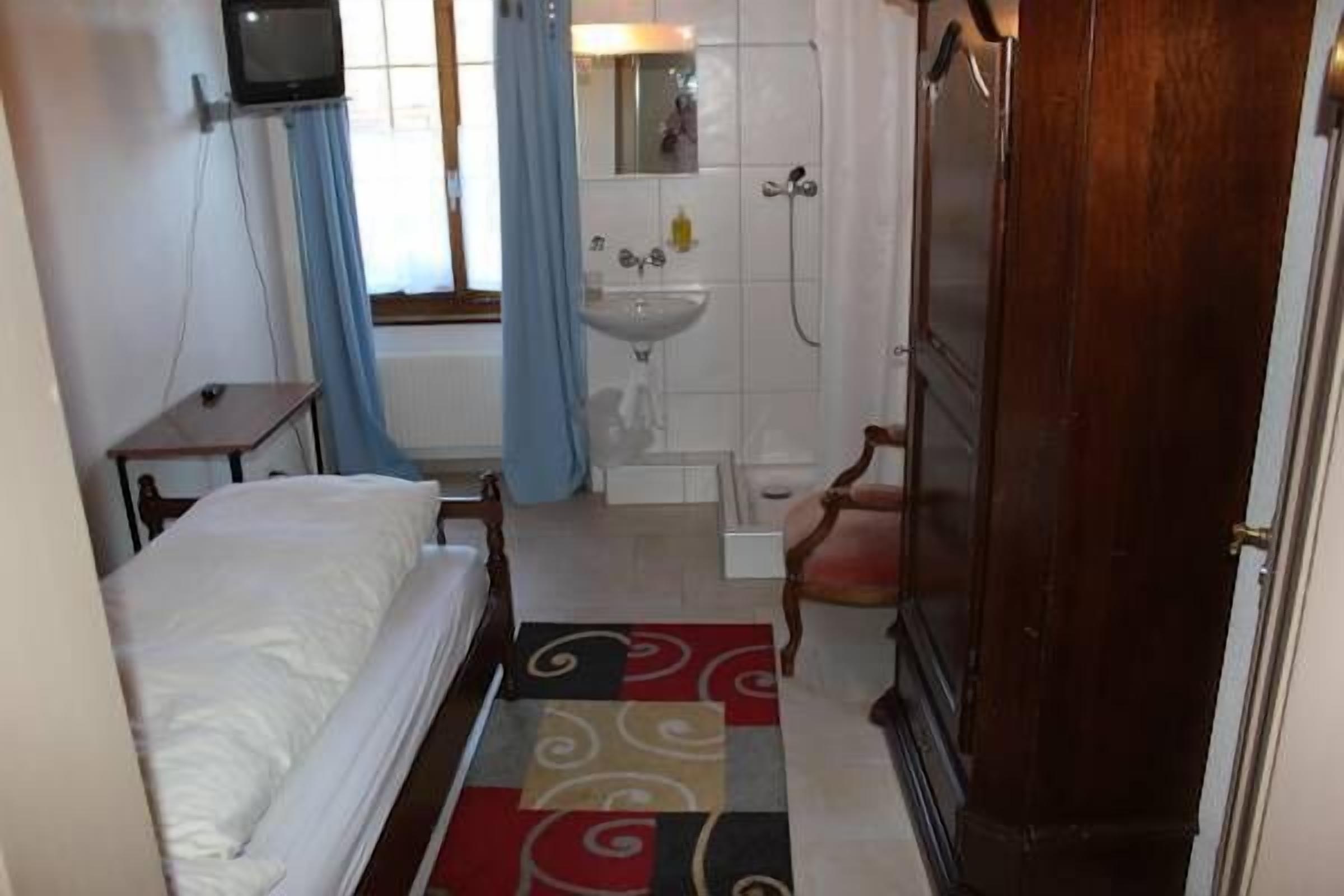 Un dormitorio con cama, mesita de noche, televisor montado en la pared, baño con lavamanos, ducha y armario de madera.