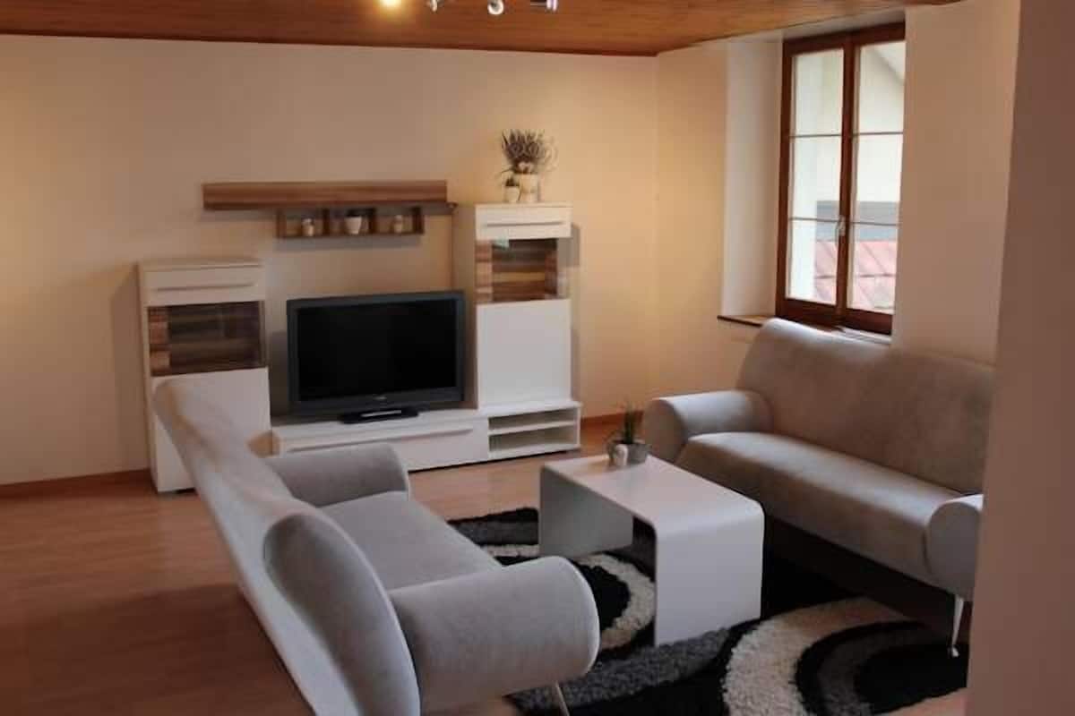 Uma sala de estar moderna com televisão de tela plana, dois sofás, uma mesa de centro e uma lareira.