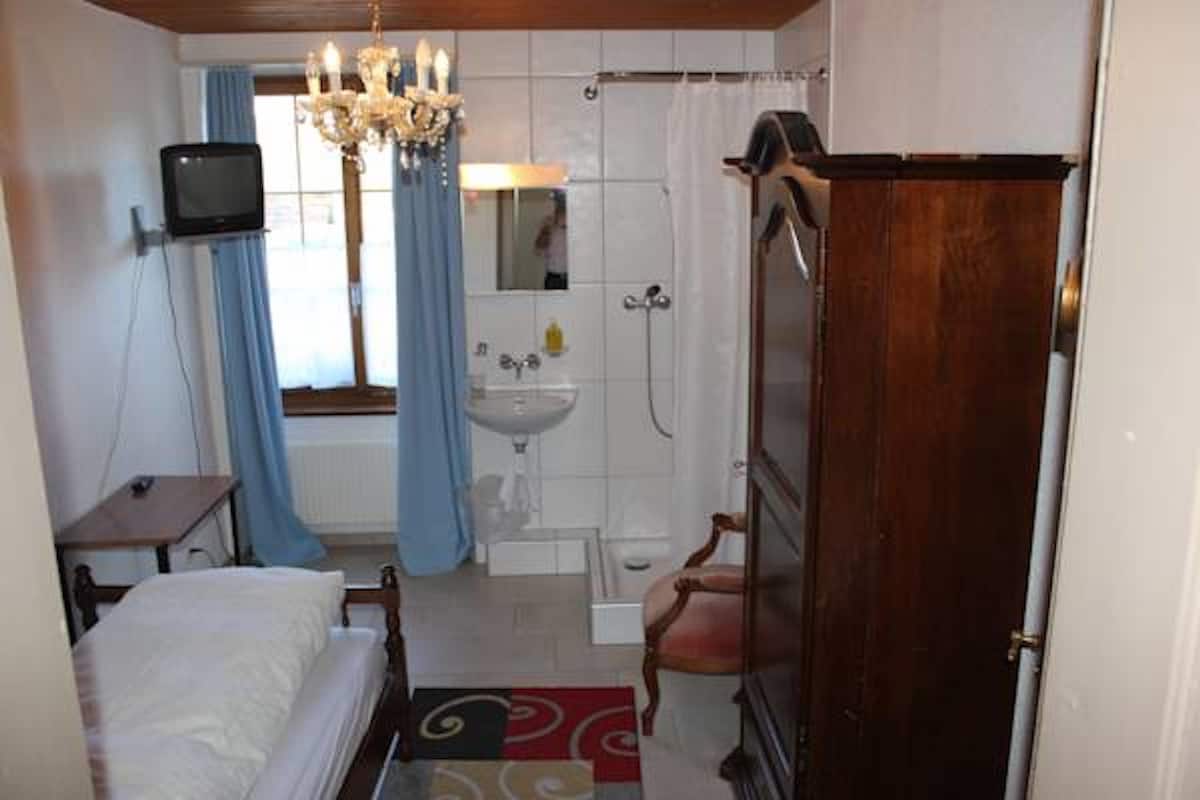 Quarto pequeno e aconchegante com uma cama de solteiro, mesa de cabeceira, espelho, TV fixada na parede e área de chuveiro com cortina.