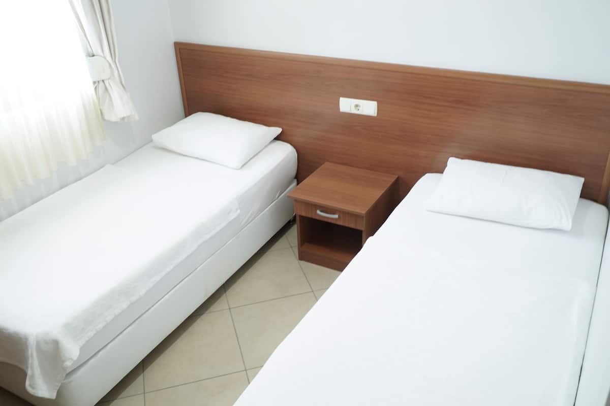A twin room with two single beds, a wooden headboard, a bedside table, and a power outlet.