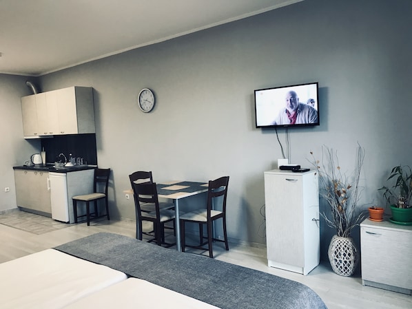 A compact living space with a kitchenette, a dining area with two chairs, a TV mounted on the wall, and a small cabinet.