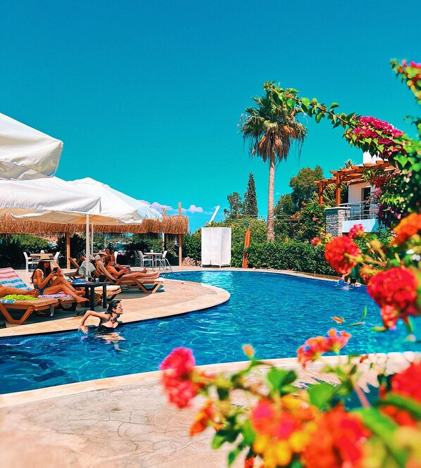 Outdoor pool, pool umbrellas, sun loungers - Genc Hotel (Bodrum)