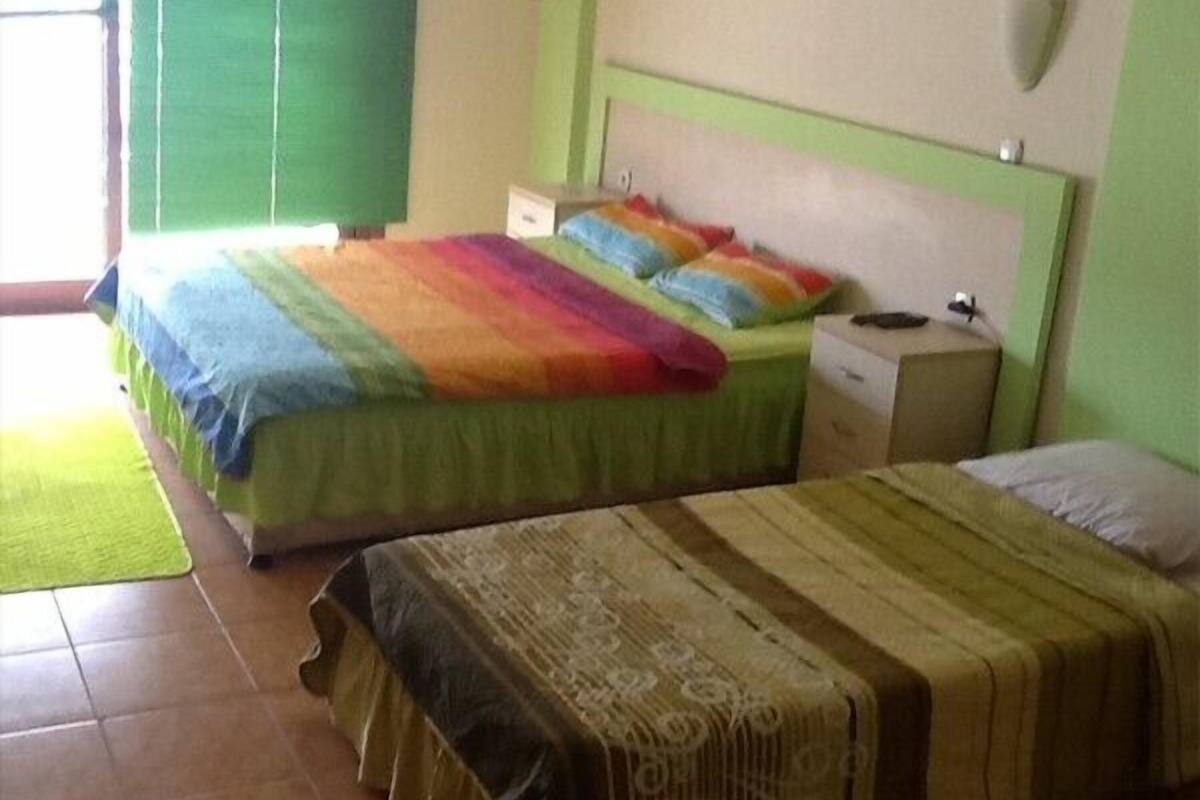 Habitación con dos camas, una con colcha colorida y la otra con estampado. Hay una mesita de noche con una lámpara y una pequeña mesa también con una lámpara. Las paredes son verdes y hay una ventana con persianas.