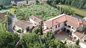 A large villa with a courtyard, surrounded by lush greenery and olive trees.