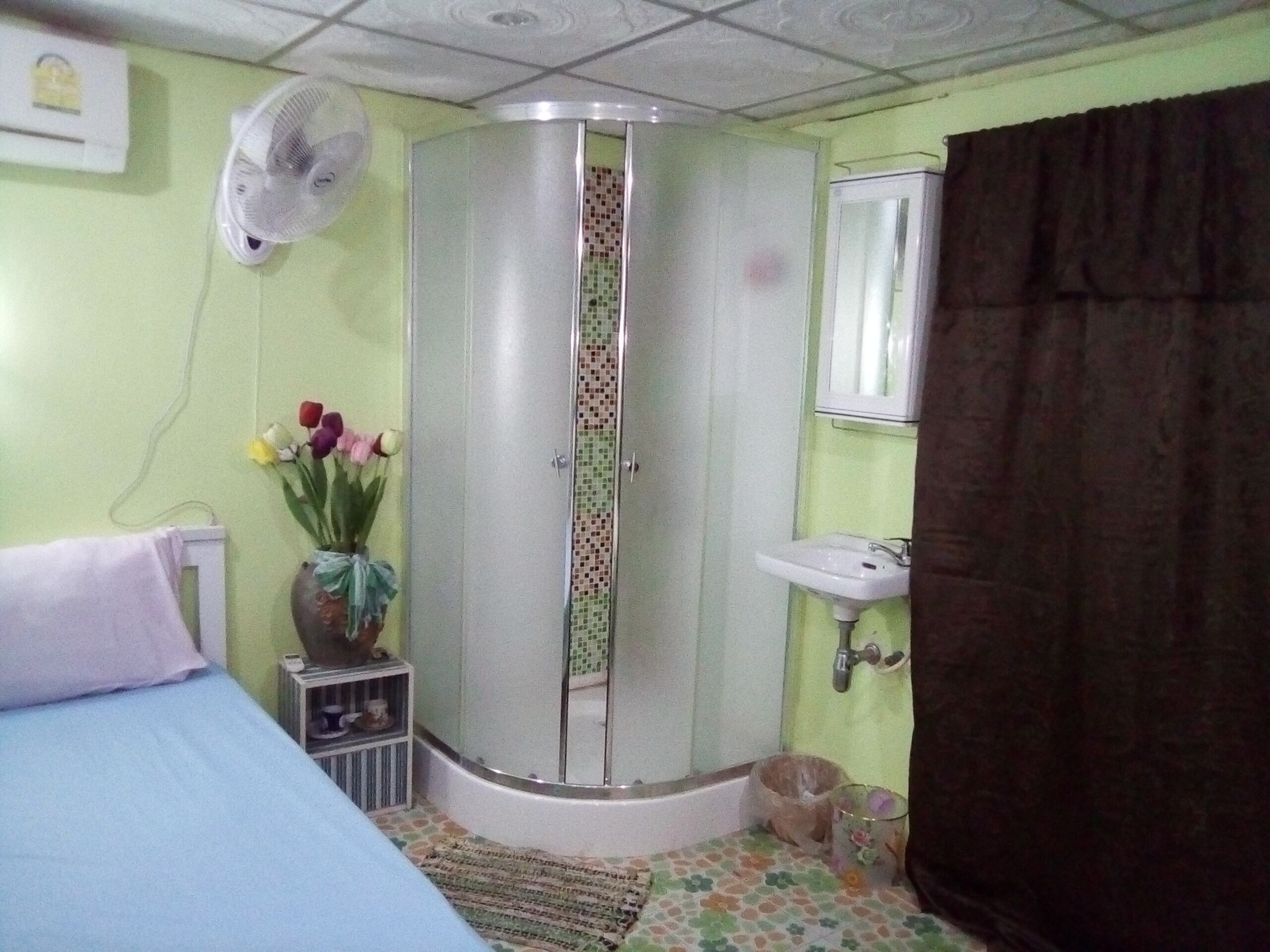 A room with a bed, a small bedside table, a fan, a sink, and a shower area.