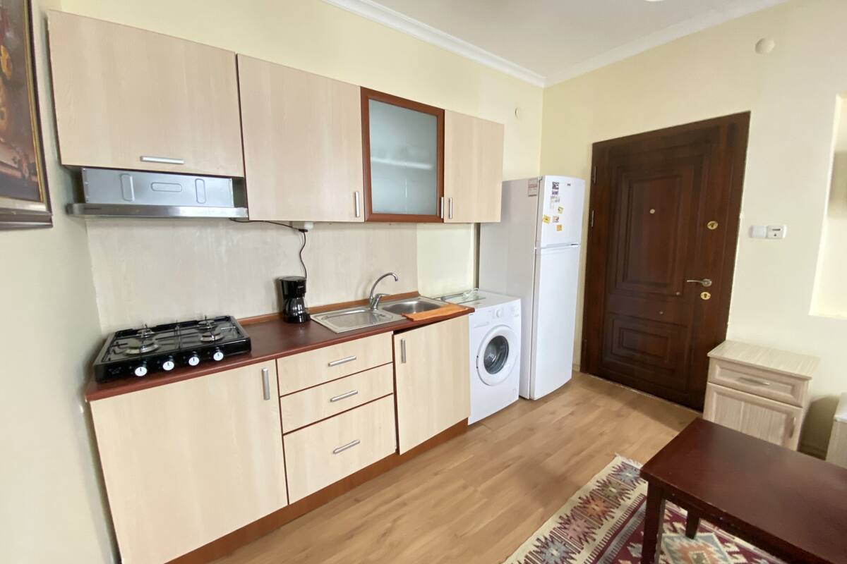 A compact kitchen with a gas stove, sink, washing machine, and a small refrigerator.