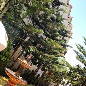 Outdoor pool, pool umbrellas, pool loungers