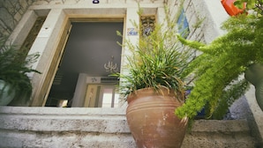 A terracotta pot with green plants on a stone staircase. - Alya Ruzgari Otel (Cesme)