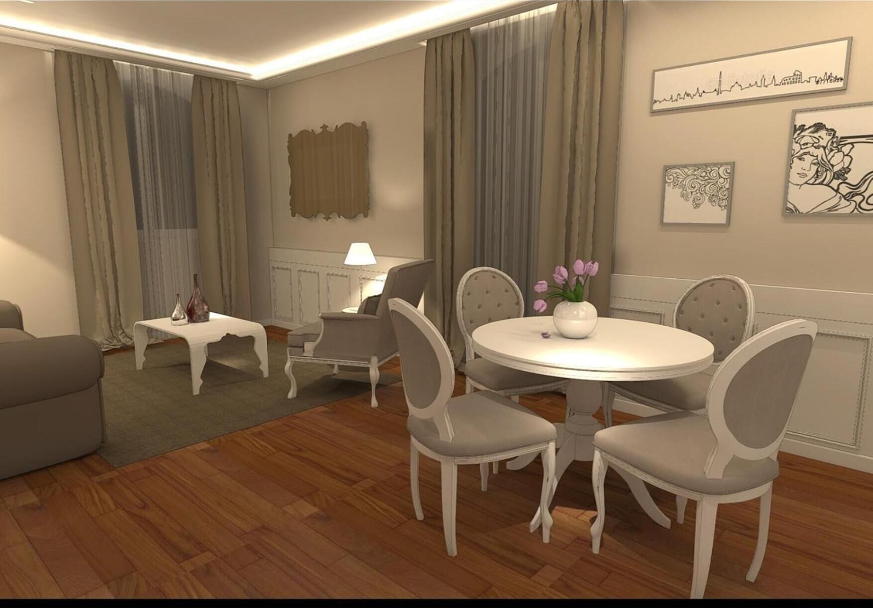 A living room with a round table, chairs, a sofa, and a coffee table.