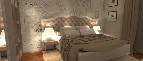 A bedroom with a tufted headboard, a large bed, two bedside tables with lamps, and a carpeted floor.