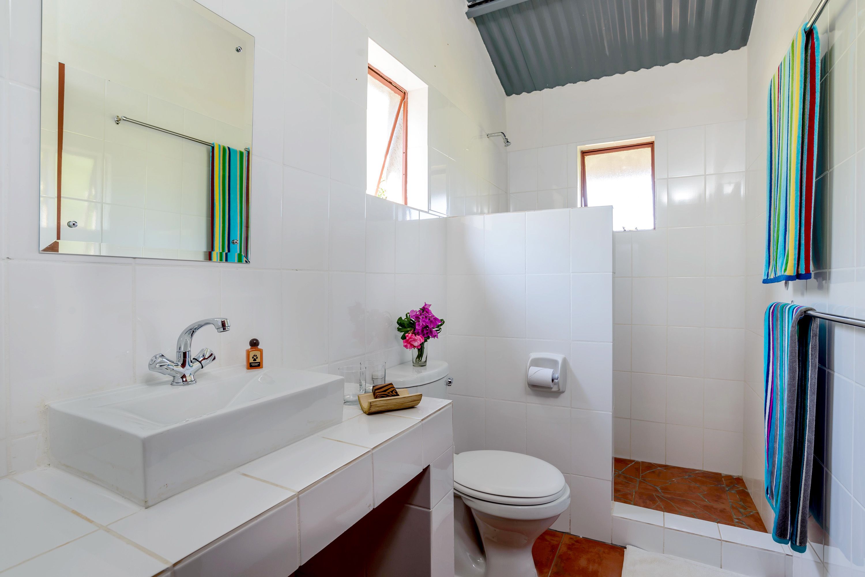 Un baño con lavamanos blanco, espejo, inodoro, ducha y toallero.