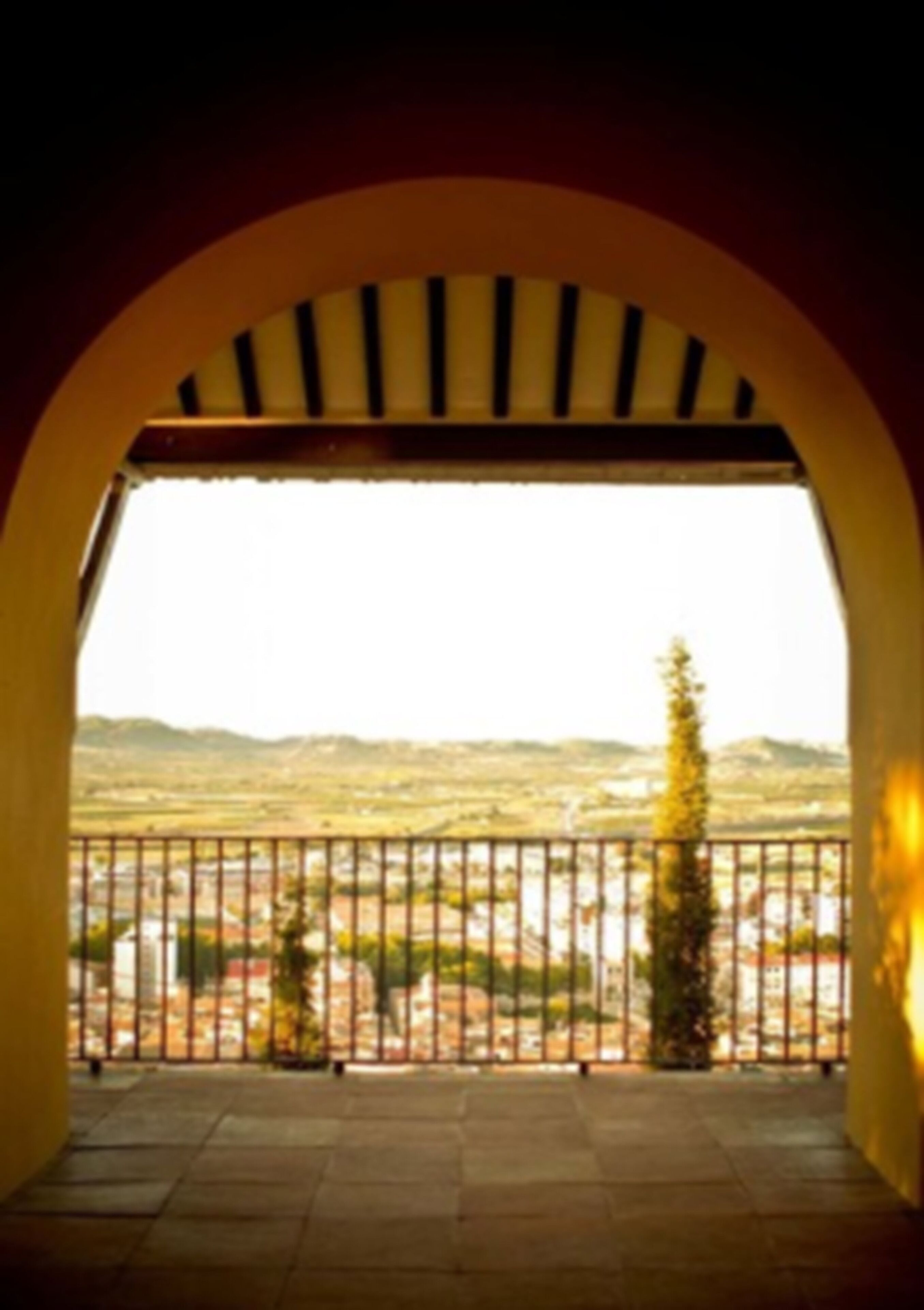 A balcony with a view of a hilly landscape, a railing, and a small tree.