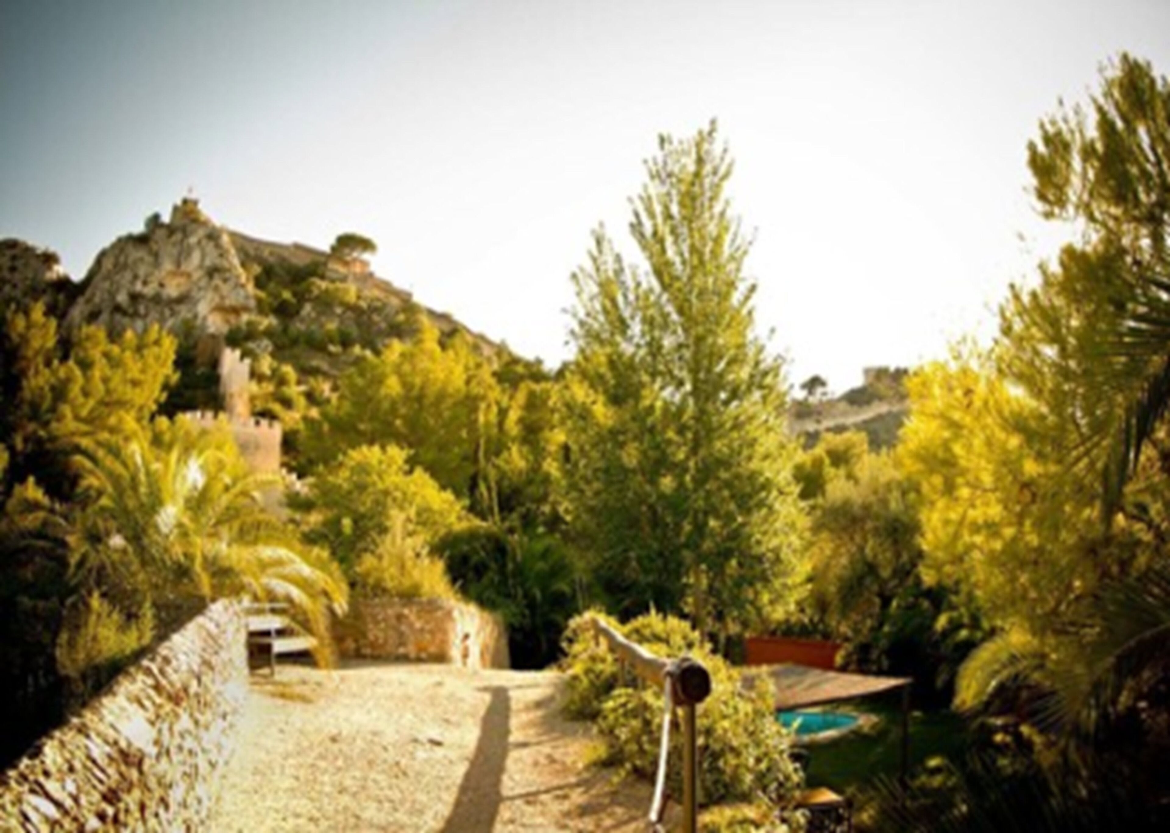 A courtyard with a stone wall, a pathway, and a small building.