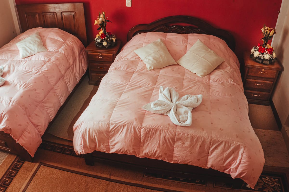 Zwei Einzelbetten mit rosa Bettwäsche und weißen Kissen, ein hölzernes Kopfteil, ein Nachttisch mit einer Blumenvase und eine rote Wand.