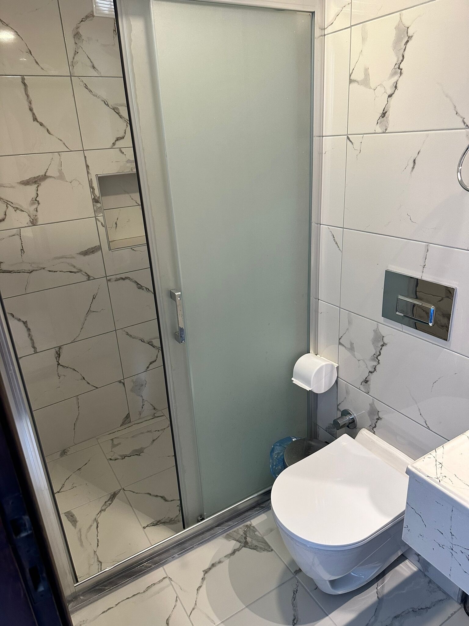 Een badkamer met een douchecabine, toilet en wastafel.