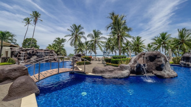 Una piscina con un puente, palmeras y un paisaje rocoso.