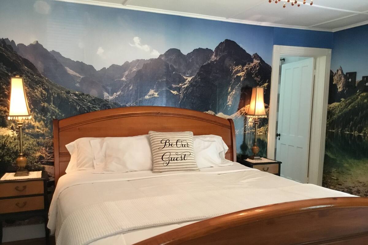 A bedroom with a bed, a mountain mural on the wall, two bedside lamps, and a door.