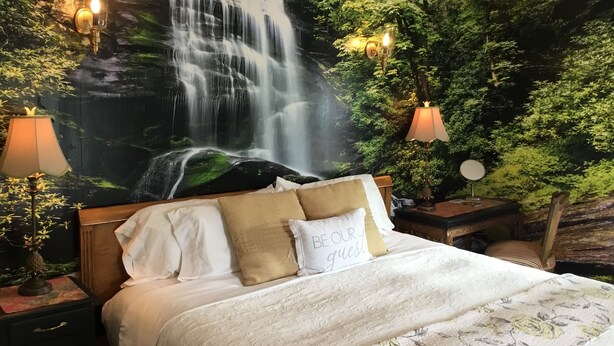 Una camera da letto con un grande murale raffigurante una cascata, due abat-jour, un letto con numerosi cuscini e un comodino con lampada.