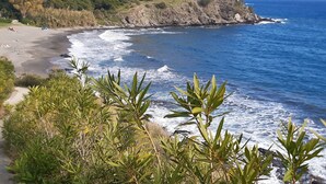 Eine Küstenlandschaft mit Strand, felsigen Klippen und Vegetation.