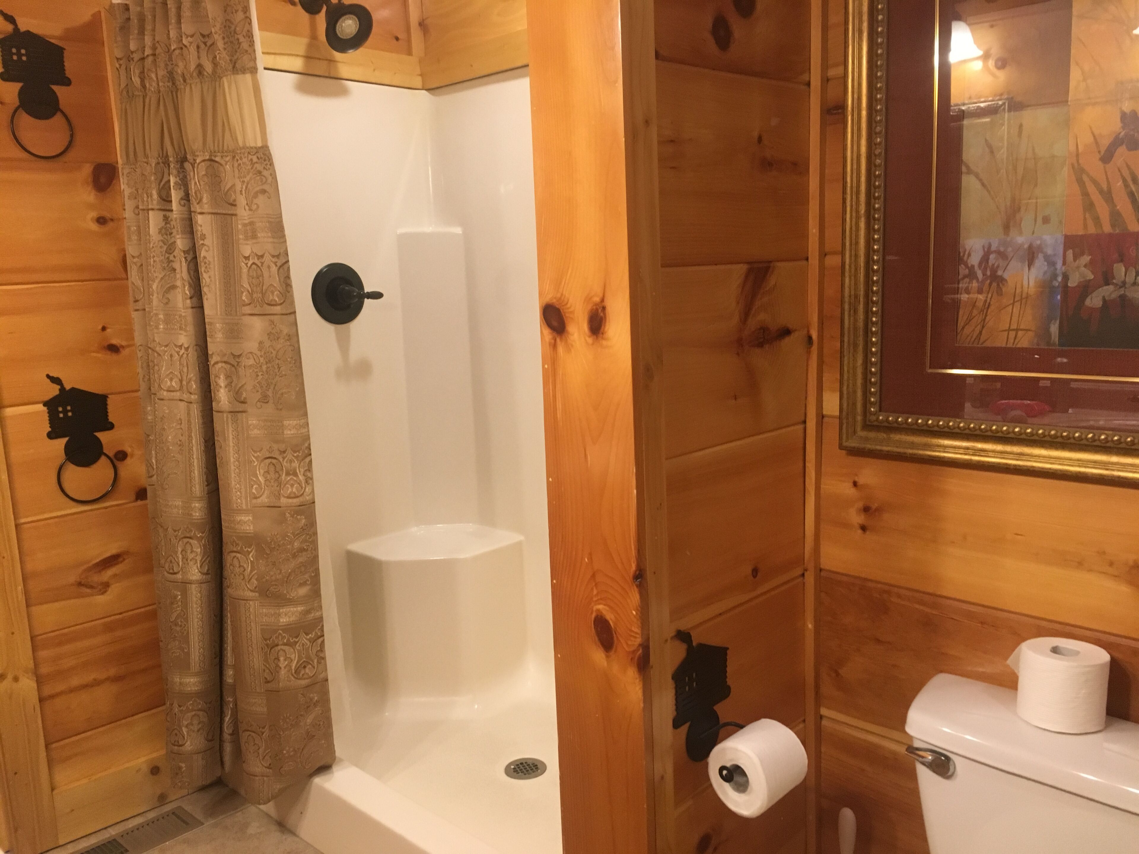 A wooden cabin bathroom with a shower, toilet, and a framed picture on the wall.