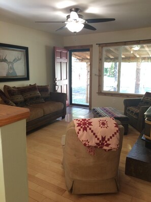 TV, fireplace, DVD player, music library