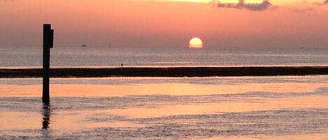 On the beach, sun loungers, beach towels