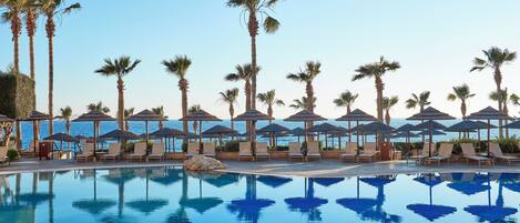 Indoor pool, outdoor pool, pool loungers