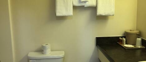 Un baño con inodoro, lavamanos y dos toallas colgadas en la pared.