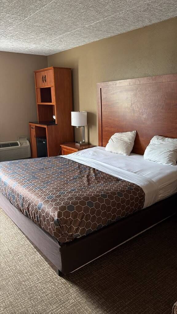 A hotel room with a large bed, a wooden headboard, a nightstand with a lamp, and a wardrobe.
