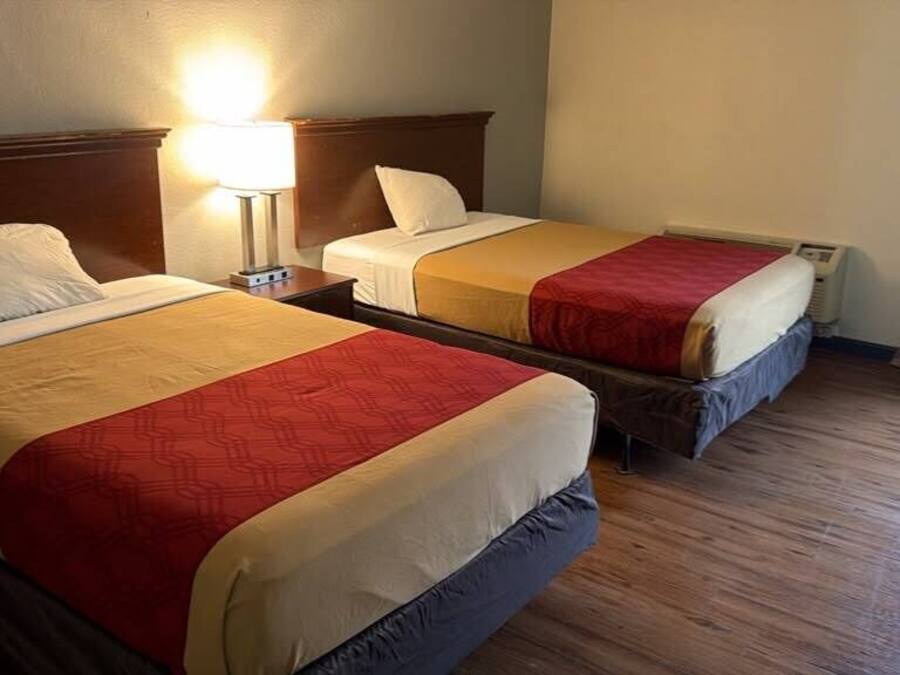 Two double beds with headboards, a bedside table with a lamp, and a window with curtains.