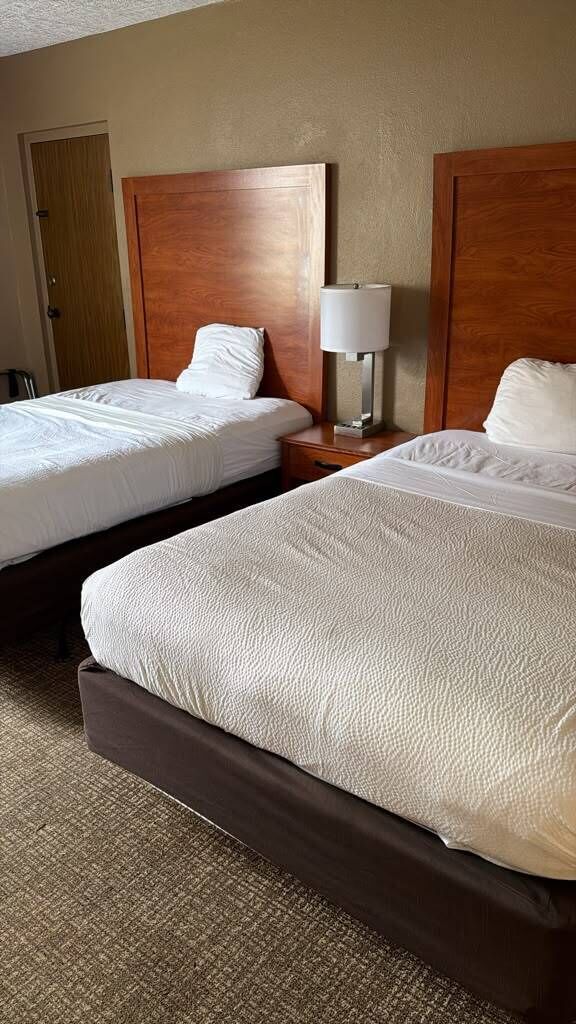 A hotel room with two beds, a wooden headboard, a nightstand with a lamp, and a carpeted floor.