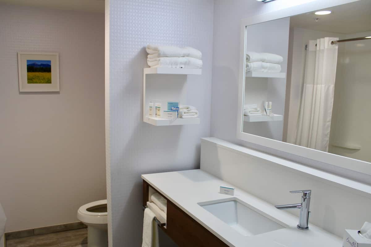 A bathroom with a white sink, mirror, and towel rack. There is a toilet and a framed picture on the wall.