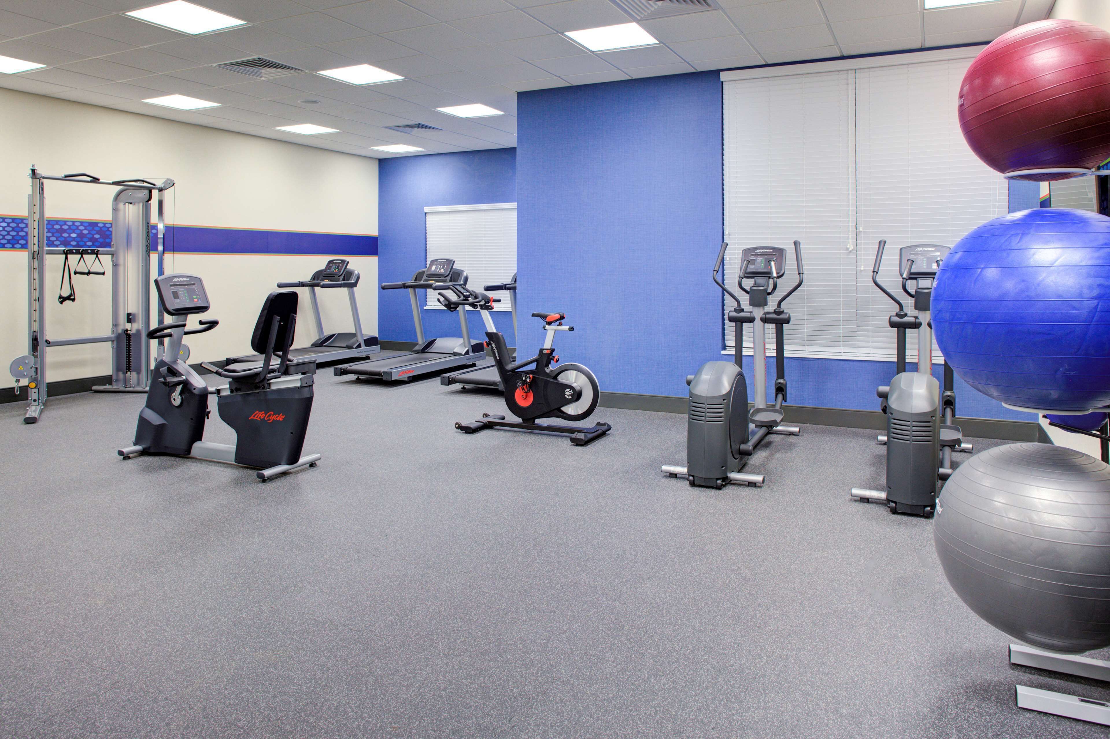 A gym with various exercise equipment including treadmills, stationary bikes, and exercise balls.