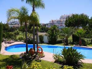 Une piscine entourée de palmiers et de verdure, avec en arrière-plan une vue sur un quartier résidentiel.