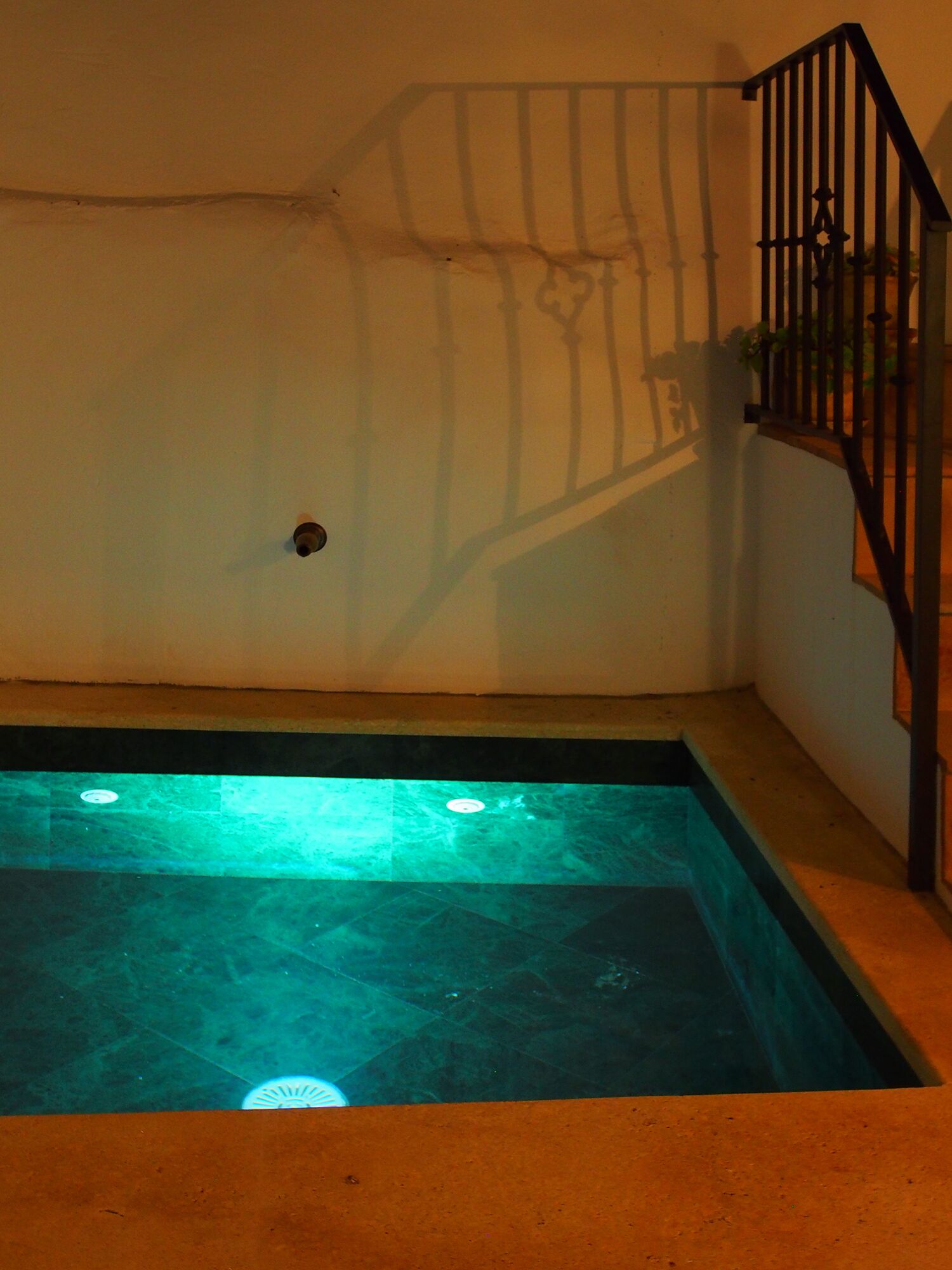 Une piscine avec un sol carrelé et une rambarde en métal.