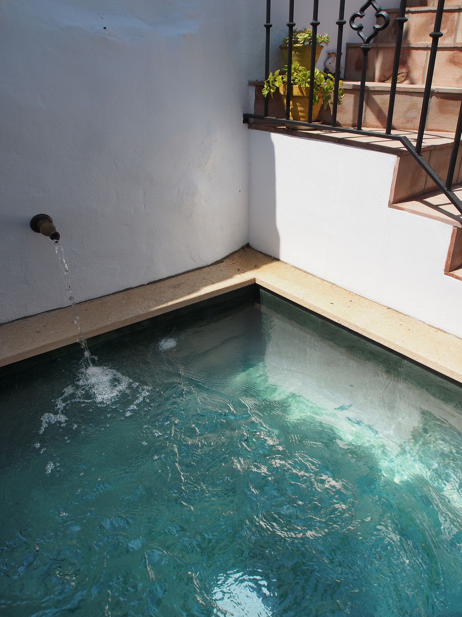 Ein kleiner, klarer Pool mit einem Wasserspeier links, einem Blumentopf rechts und einer Treppe, die zu einer erhöhten Ebene führt.