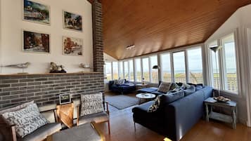 Smart TV, fireplace, DVD player, books